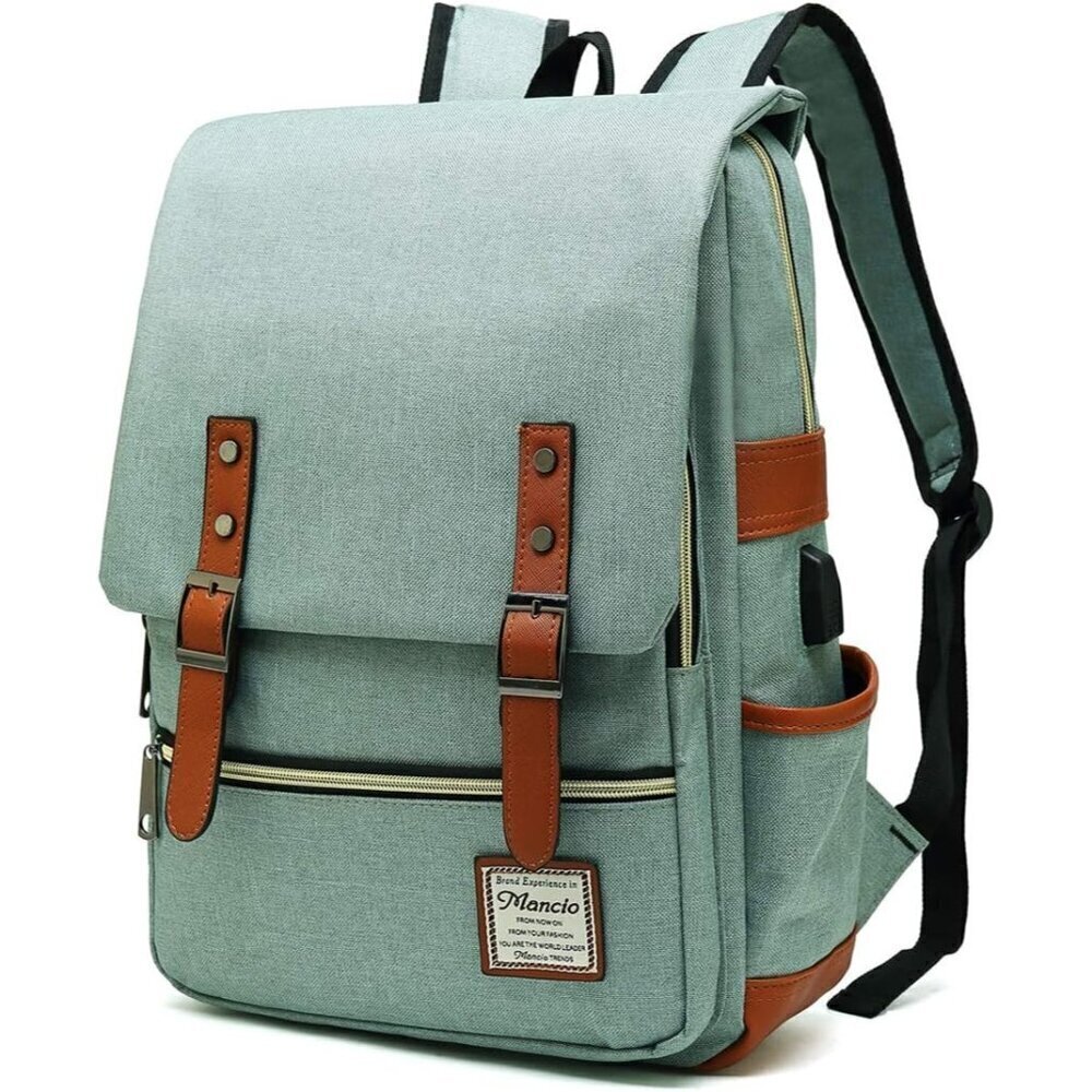 Mancio Vintage Laptop Backpack green USB Charging Port Men,Women Travelling, bag